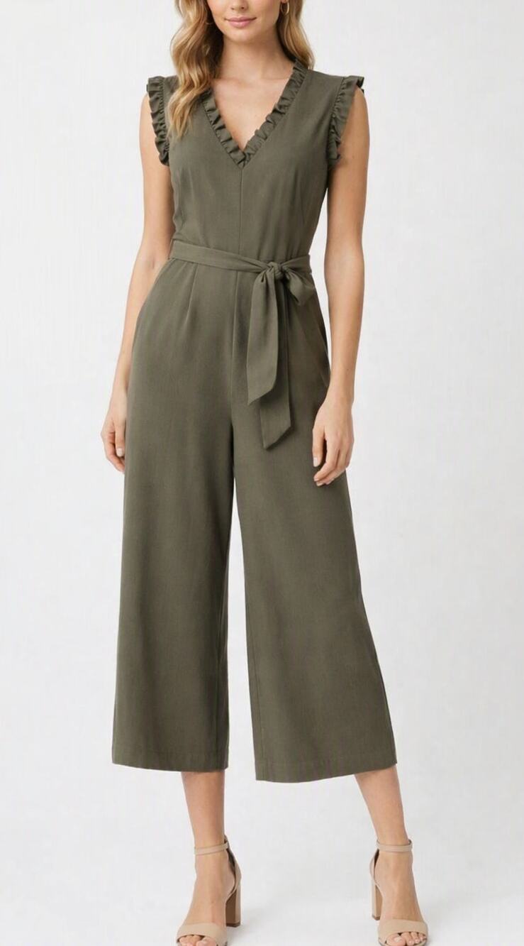 Calvin Klein Ruffle V-Neck Belted Wide Leg Cropped Jumpsuit Olive Green 2
